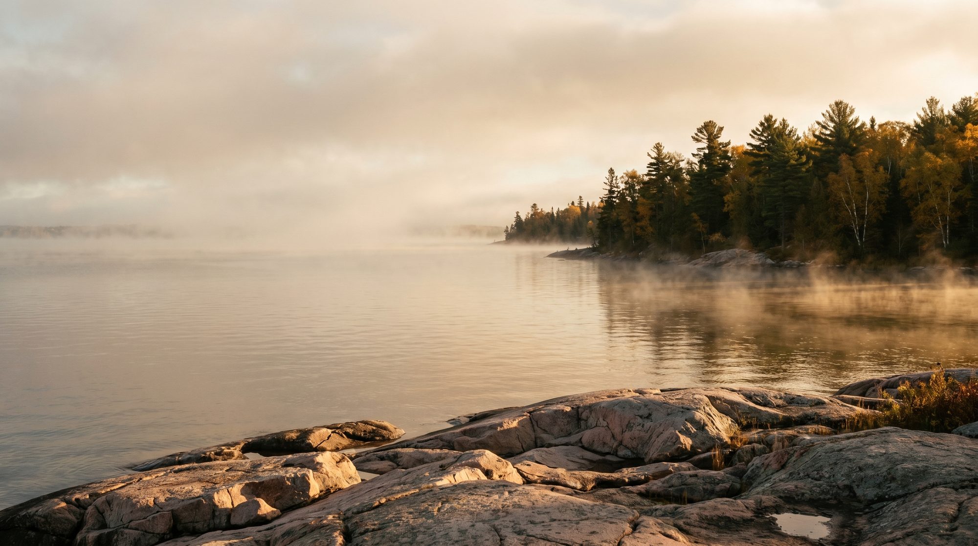 The North Channel shoreline in Northern Ontario at golden hour, mist over the water