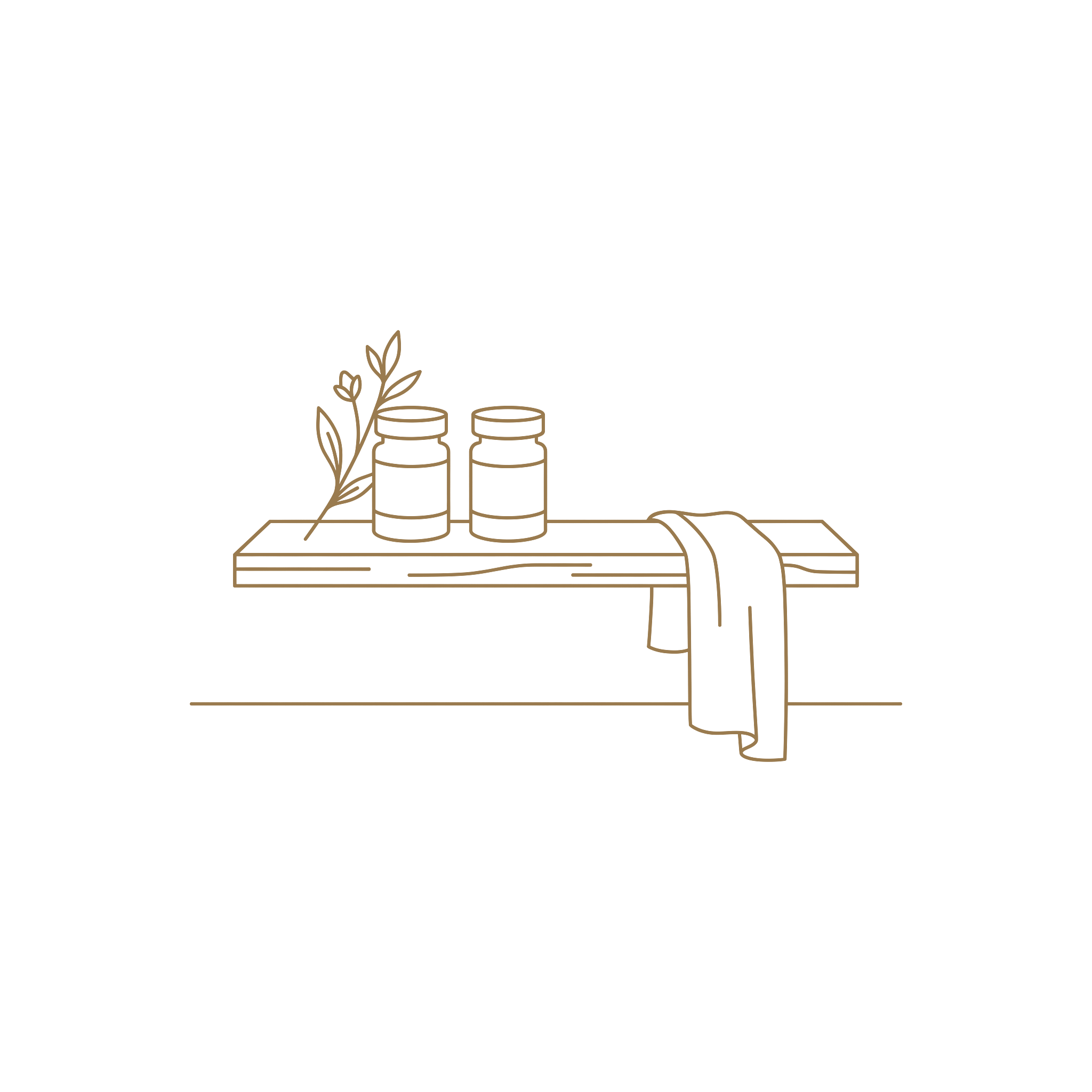 Line drawing of two crème jars and a linen cloth resting on a shop shelf