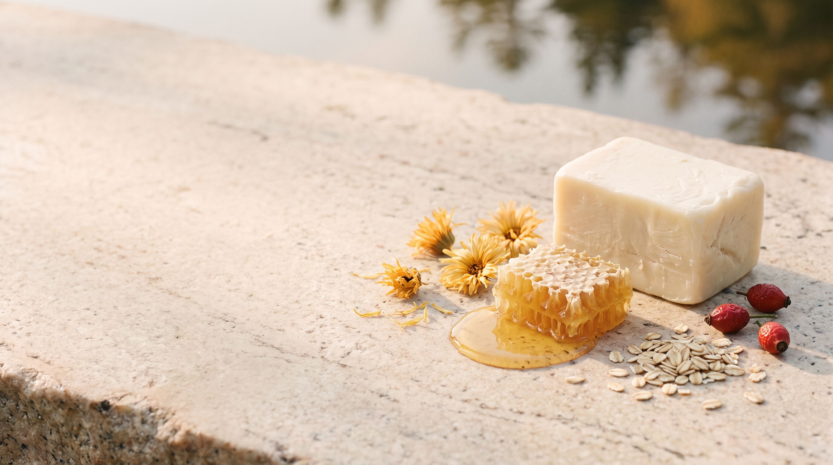 Grass-fed tallow, honeycomb, calendula, colloidal oats, and rosehips on Northern Ontario granite