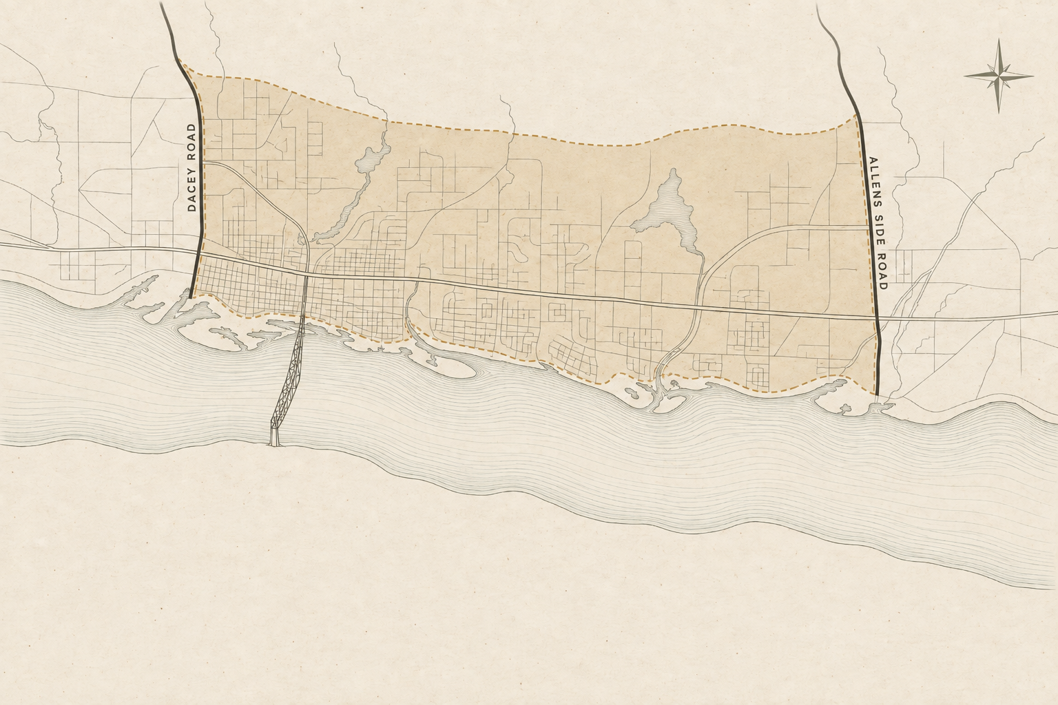 Illustrated map of Sault Ste. Marie with the home delivery area shaded between Dacey Road in the west and Allens Side Road in the east, the St. Marys River along the south