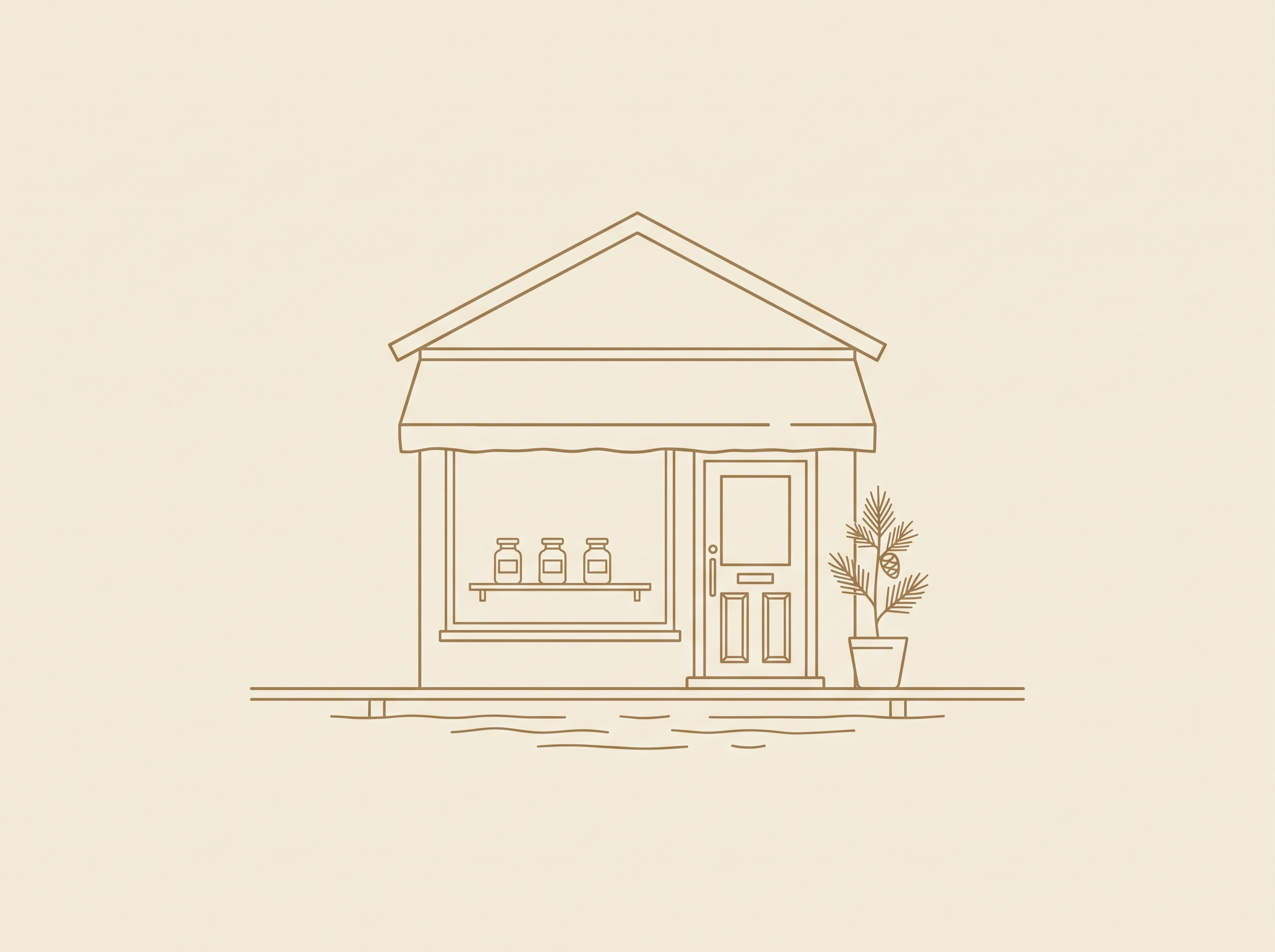 Line drawing of a small shop on a boardwalk over open water, three crème jars on a shelf in its window