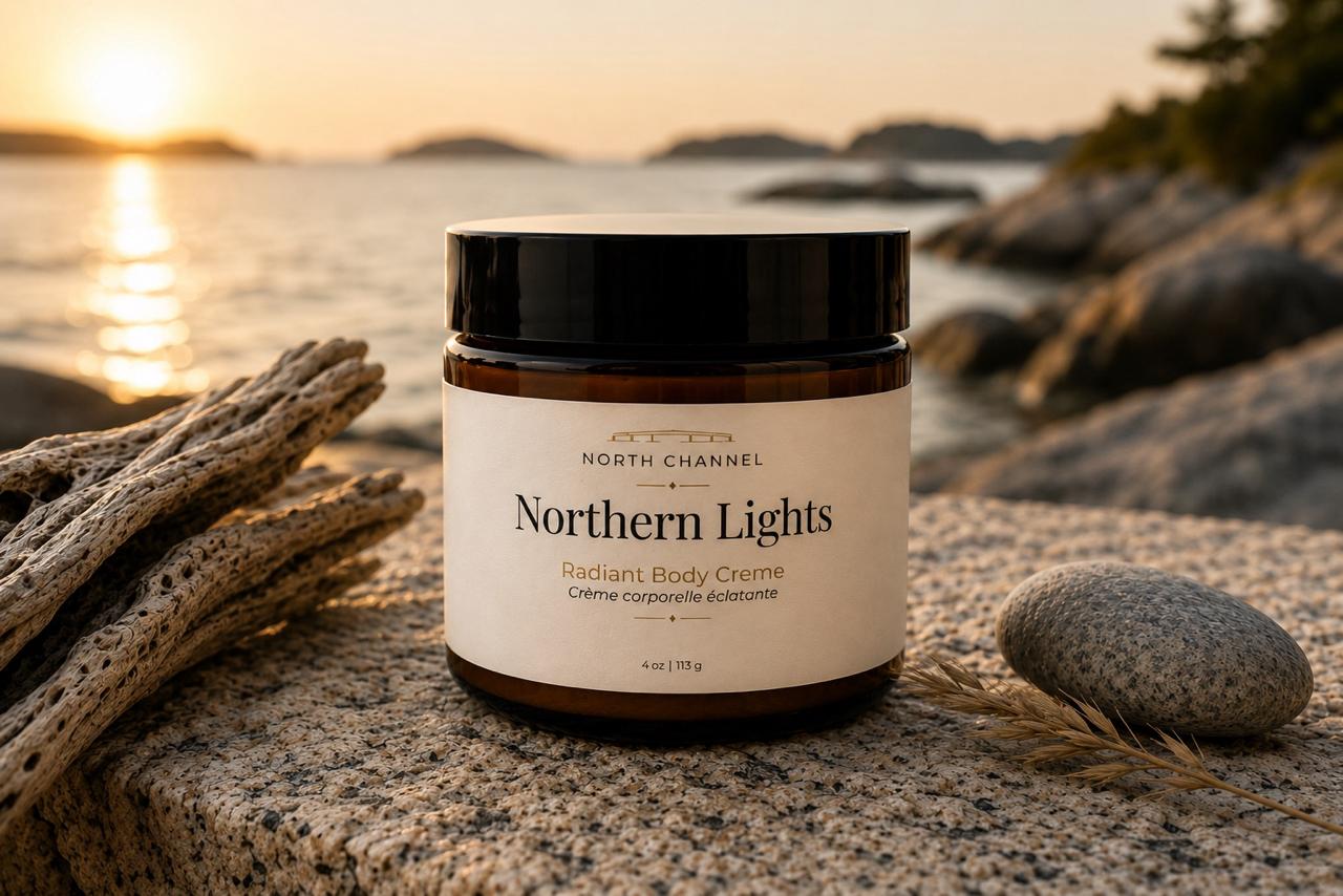 The Northern Lights Radiant Body Crème jar on granite at golden hour, driftwood and still water behind it
