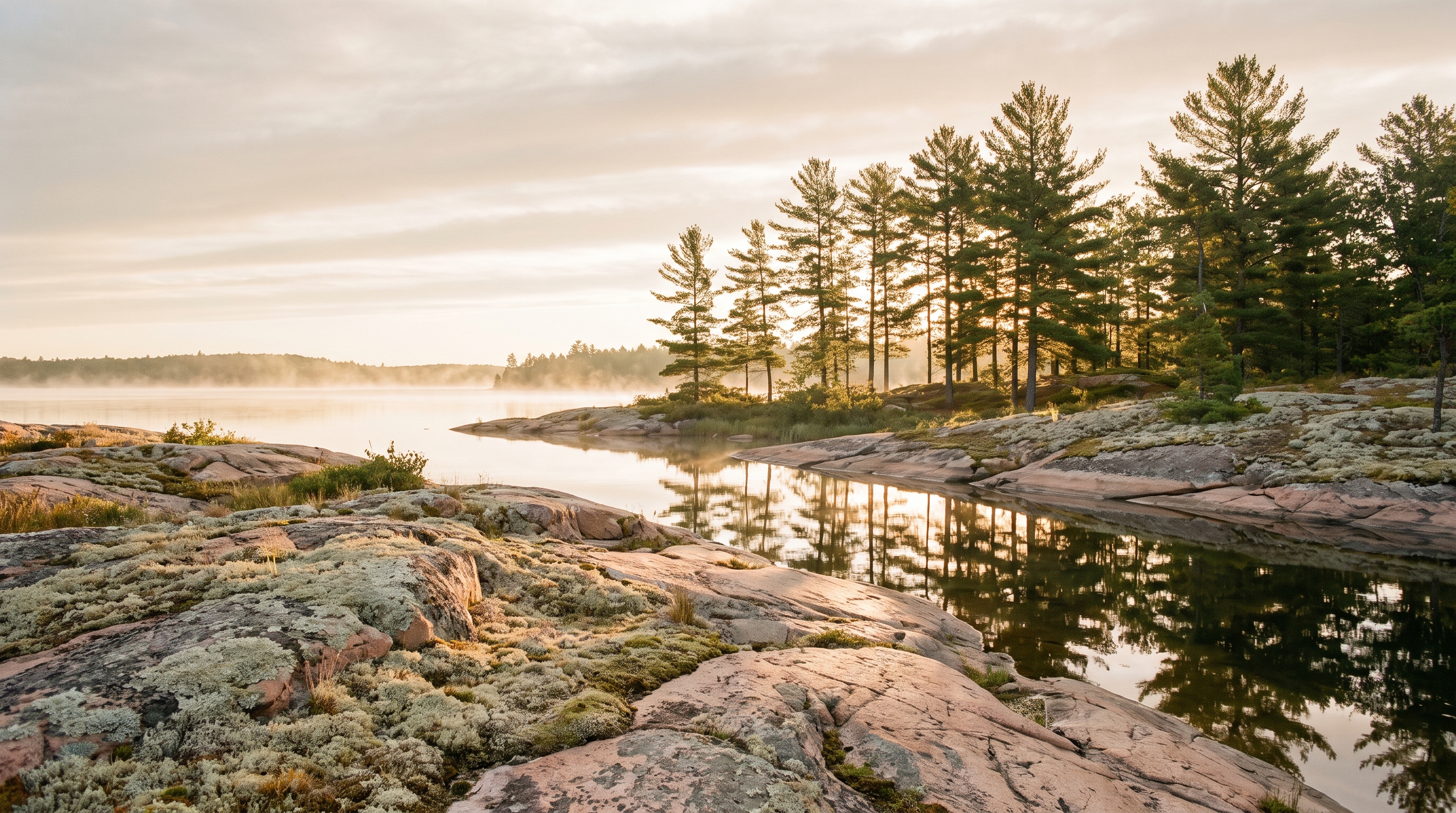 Misty granite shoreline along the North Channel in Northern Ontario